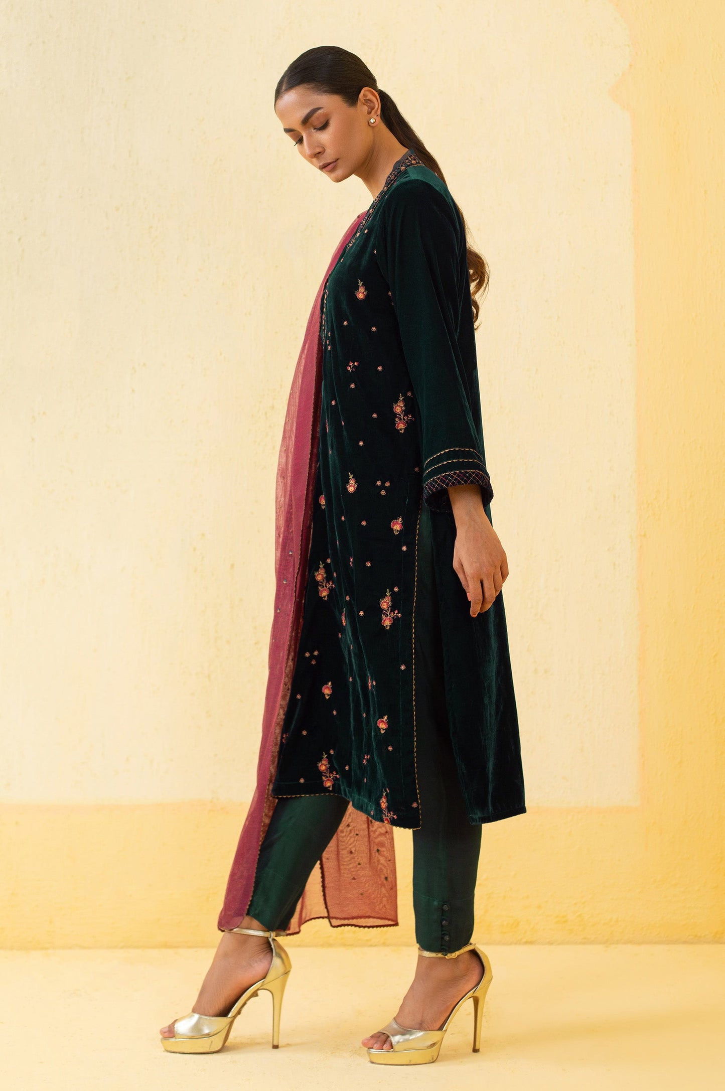 Stitched 3 Piece Embroidered Velvet Suit - Teal Green