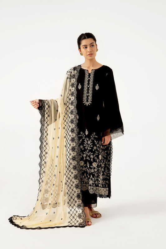 Unstitched 3 Piece Satin Jacquard with Schiffli Chiffon Suit
