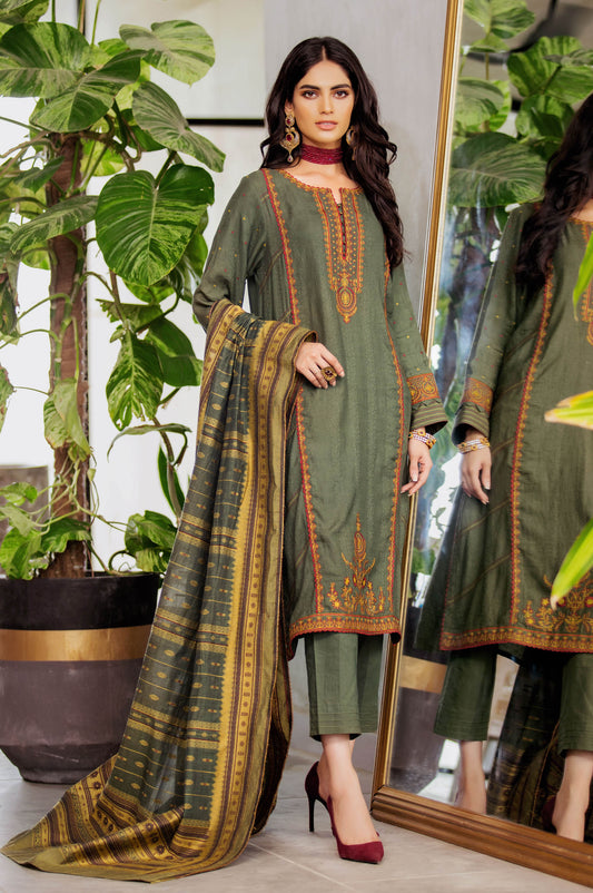 Unstitched 3 Piece Embroidered Satin Jacquard Suit with Yarn Dyed Jacquard Dupatta