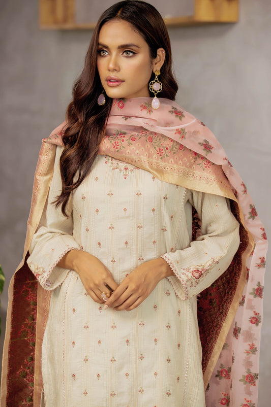 Unstitched 3 Piece Maysuri Lawn Suit with Organza Jacquard Dupatta
