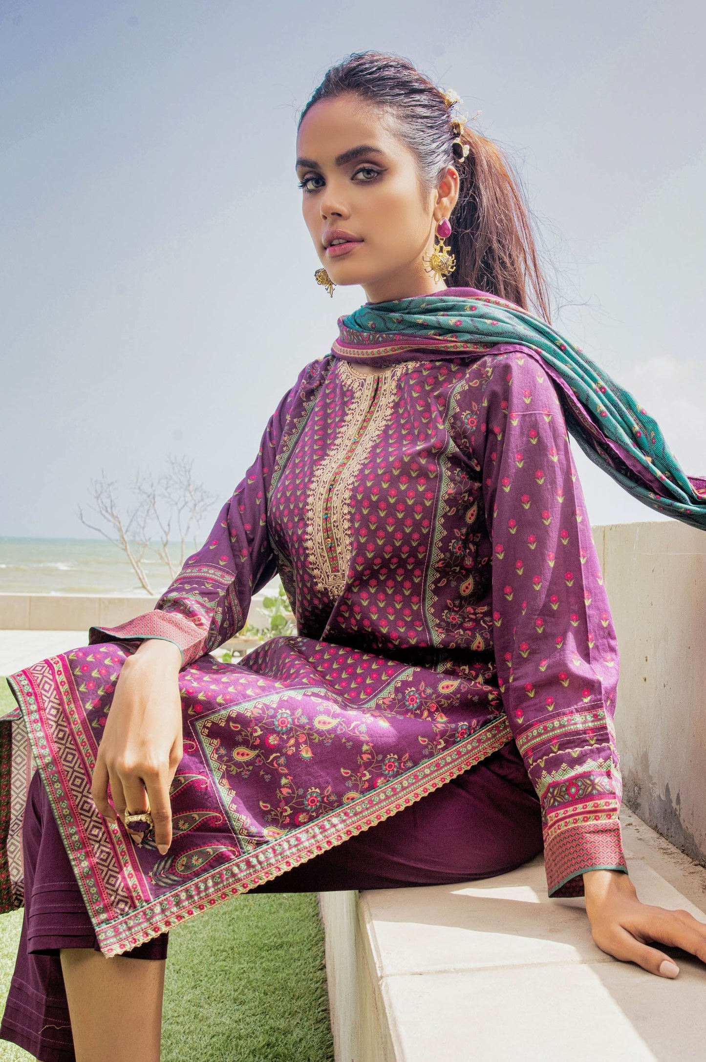 Unstitched 3 Piece Embroidered Lawn Suit with Cotton Net Dupatta