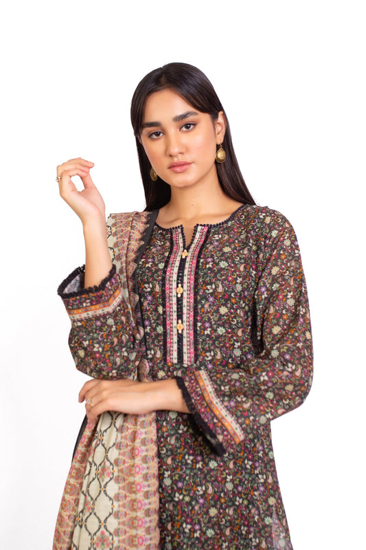 Unstitched 3 Piece Printed Khaddar Suit