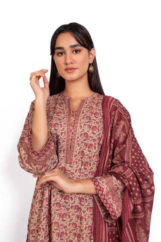 Unstitched 3 Piece Printed Khaddar Suit