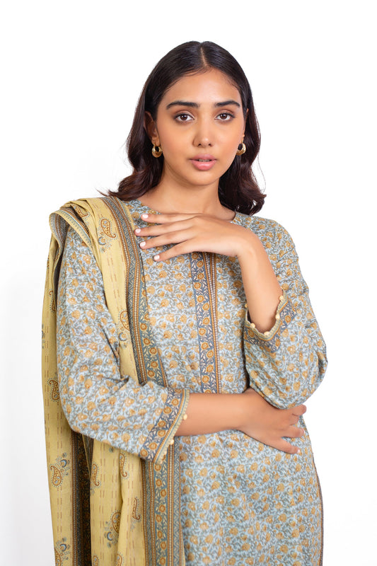 Unstitched 3 Piece Printed Karandi Suit