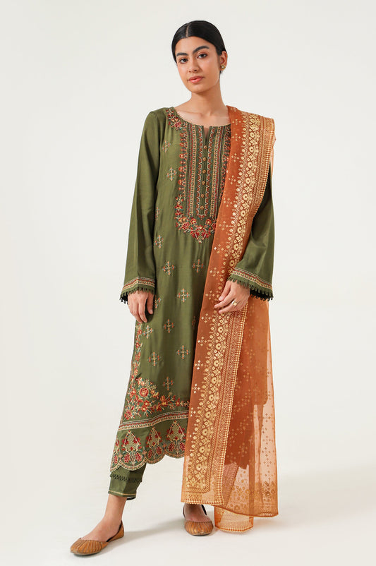 3 piece Unstitched Embroidered Rawsilk Suit