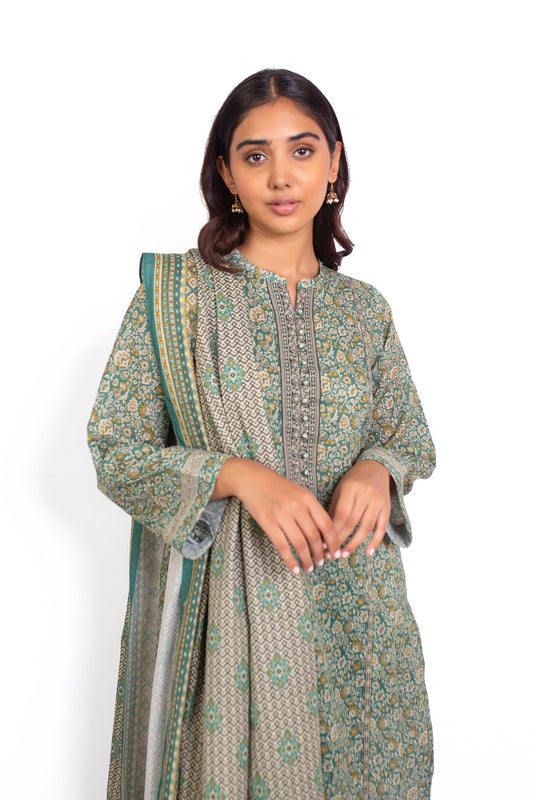 Unstitched 3 Piece Printed Karandi Suit