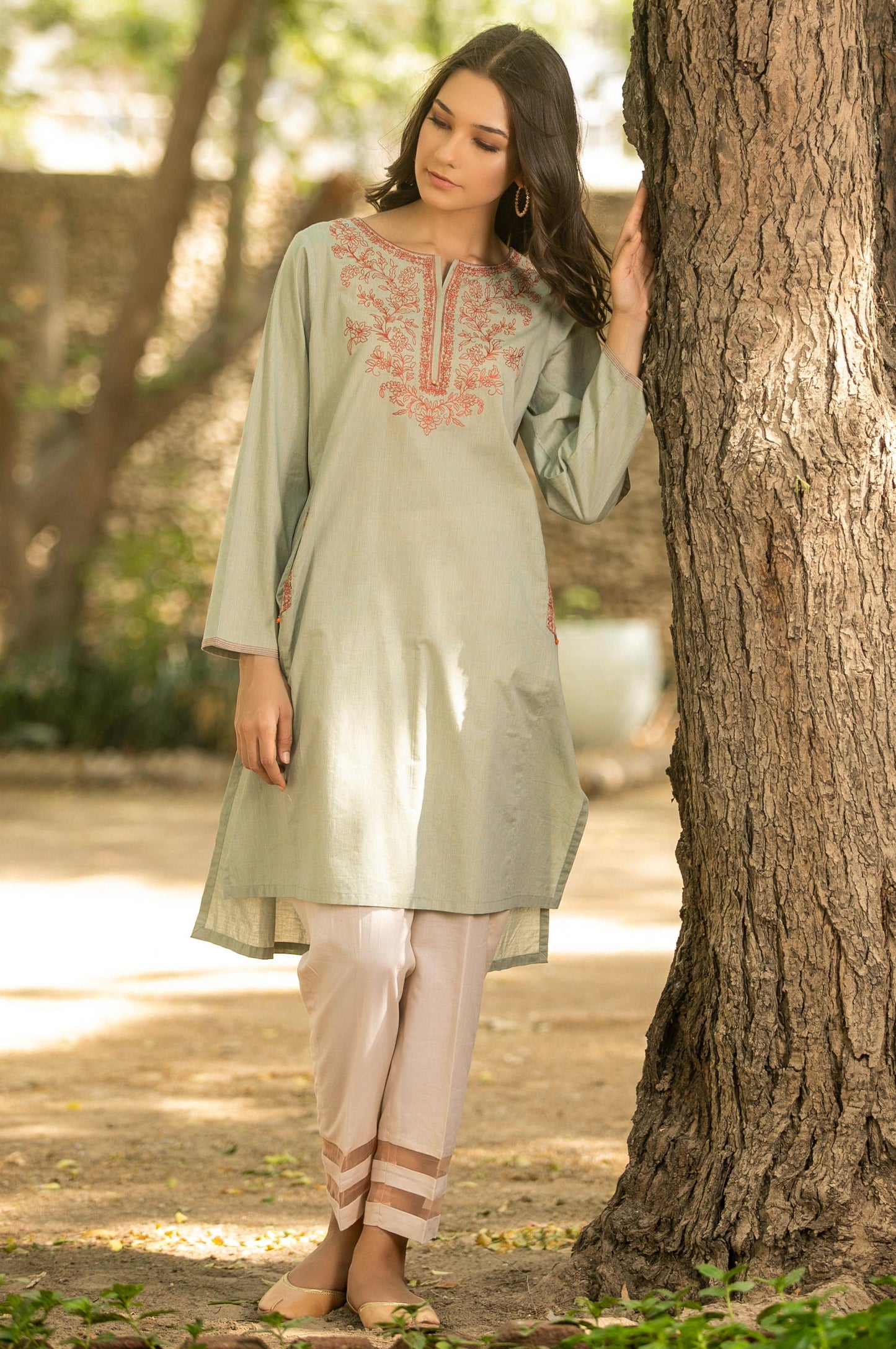 Stitched 1 Piece Embroidered Shirt - Green Moss