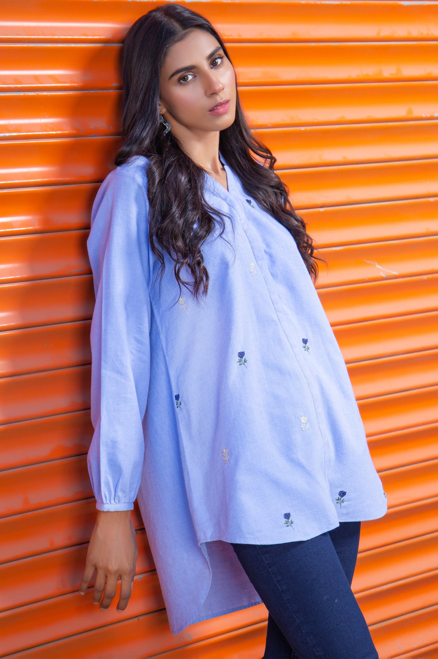 Stitched 1 Piece Embroidered Chambray Shirt
