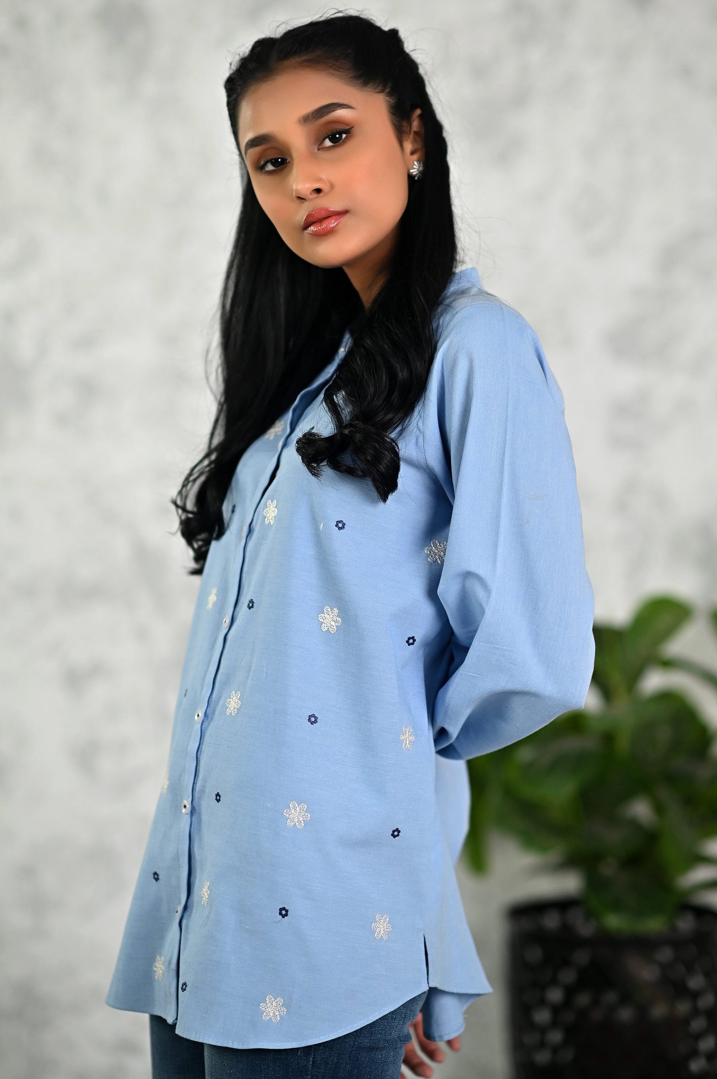 Stitched 1 Piece Embroidered Chambray Shirt