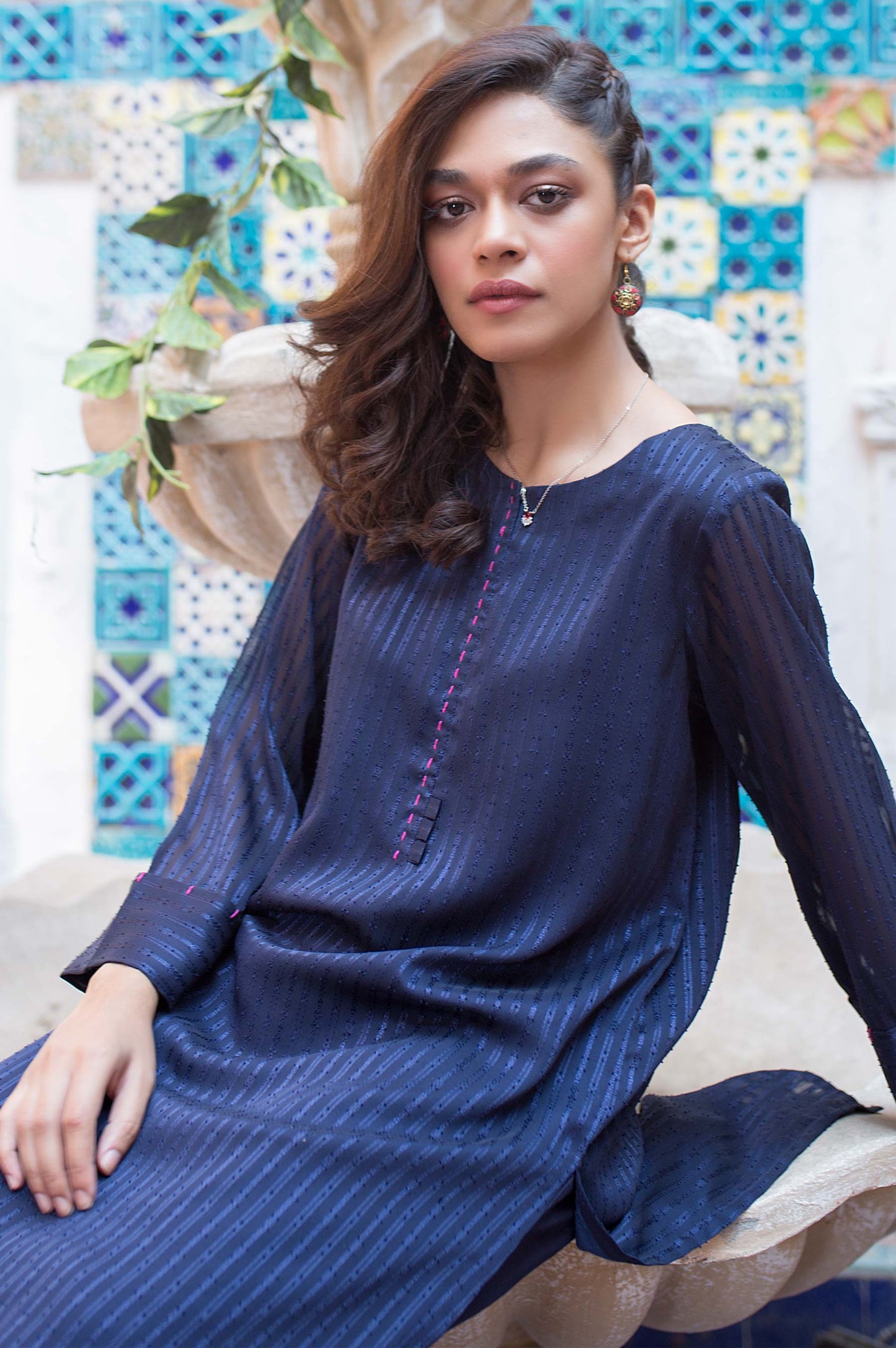 Stitched 1 Piece Stripe Georgette Shirt