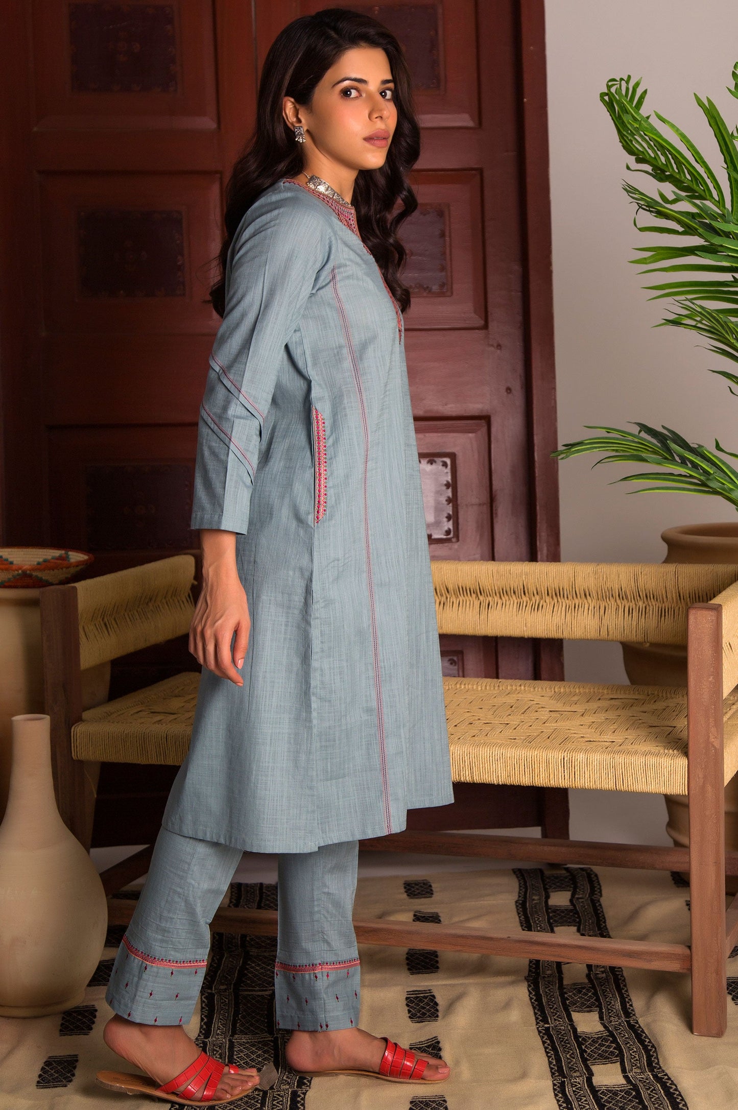 Stitched 2 Piece Embroidered Cotton Slub Suit