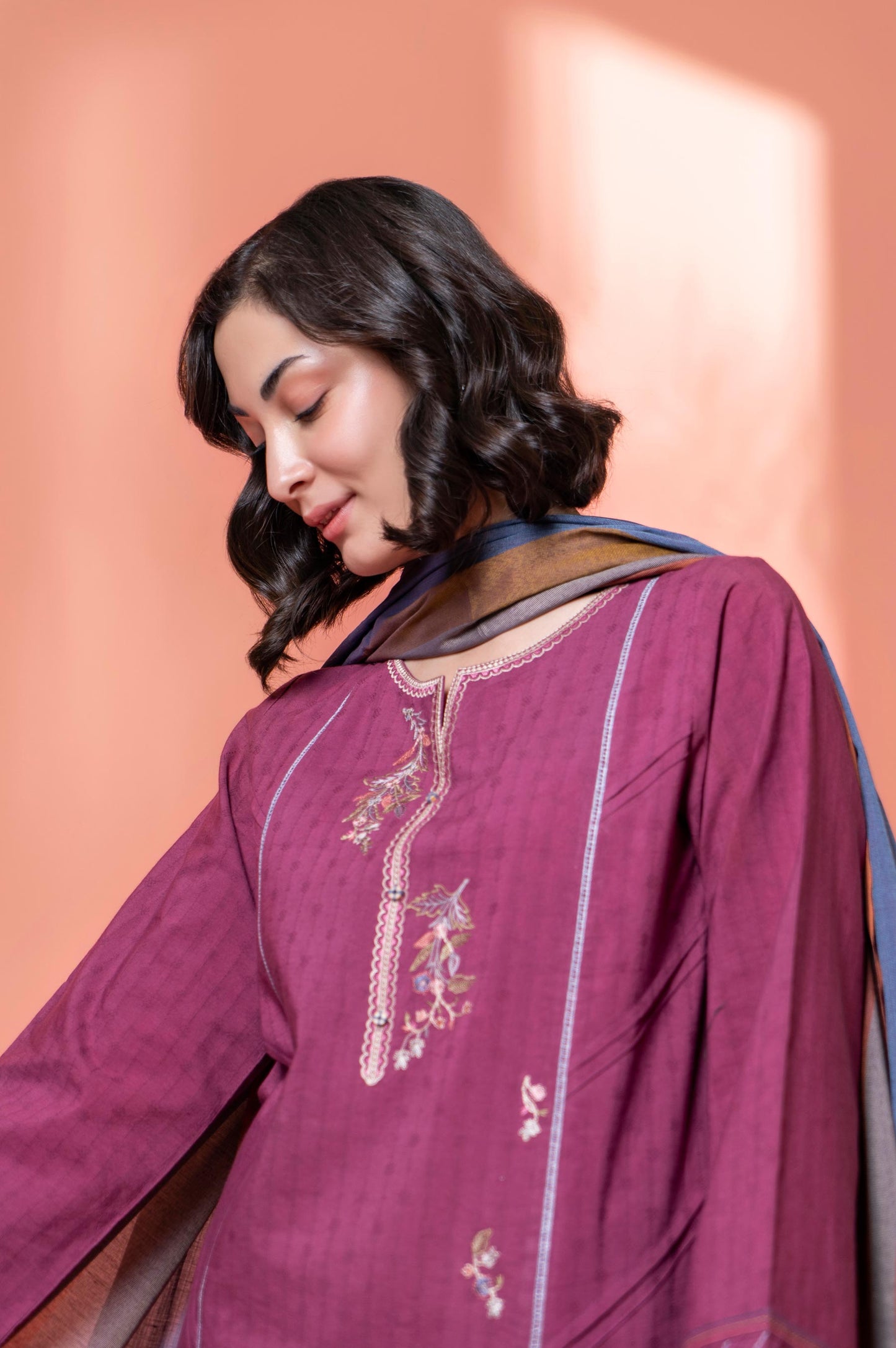 Stitched 2 Piece Embroidered Dobby Shirt With Dupatta