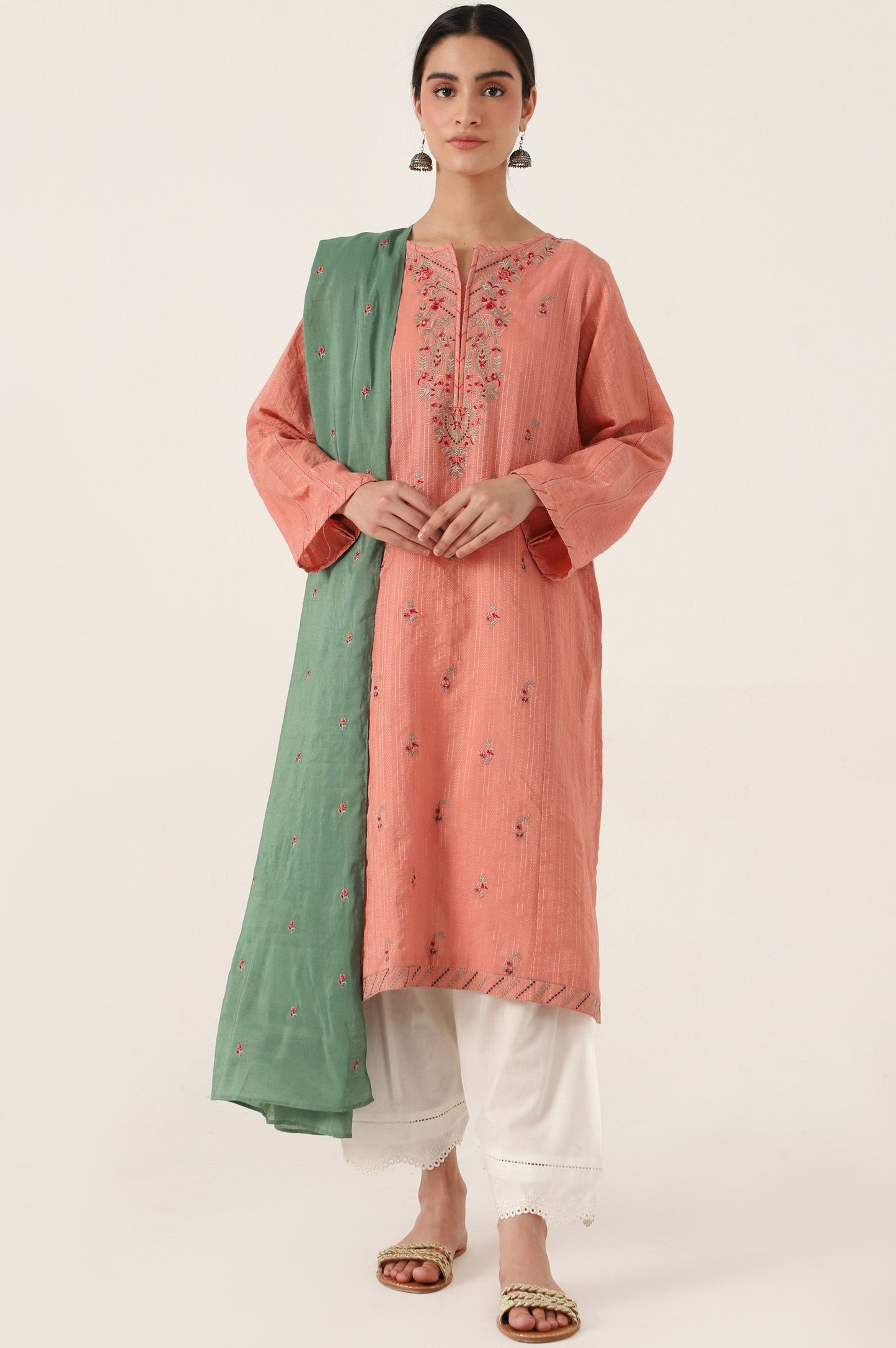 Stitched 2 Piece Embroidered Zari Line Shirt & Dupatta