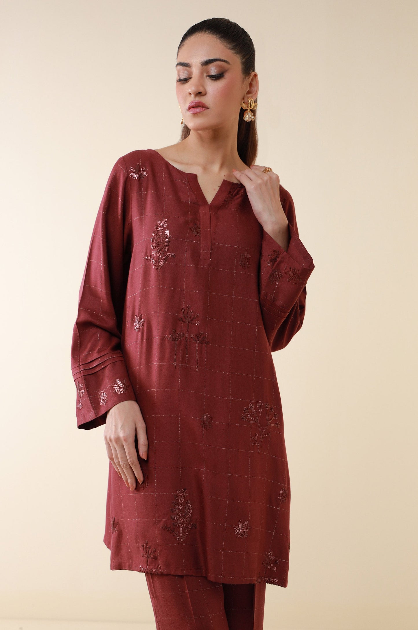 Stitched 2 Piece Embroidered Crepe Lurex Suit