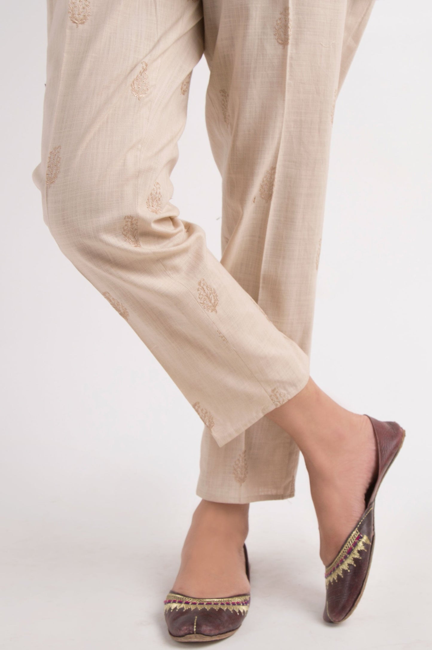 Embroidered Khaddar Pants - Beige