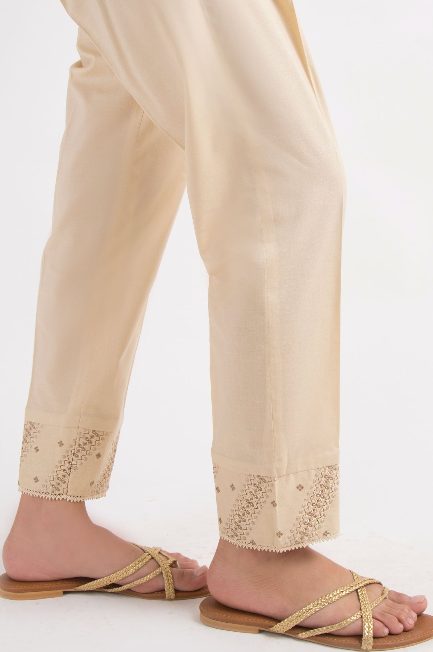 Embroidered Cambric Cigarette Pants - Beige