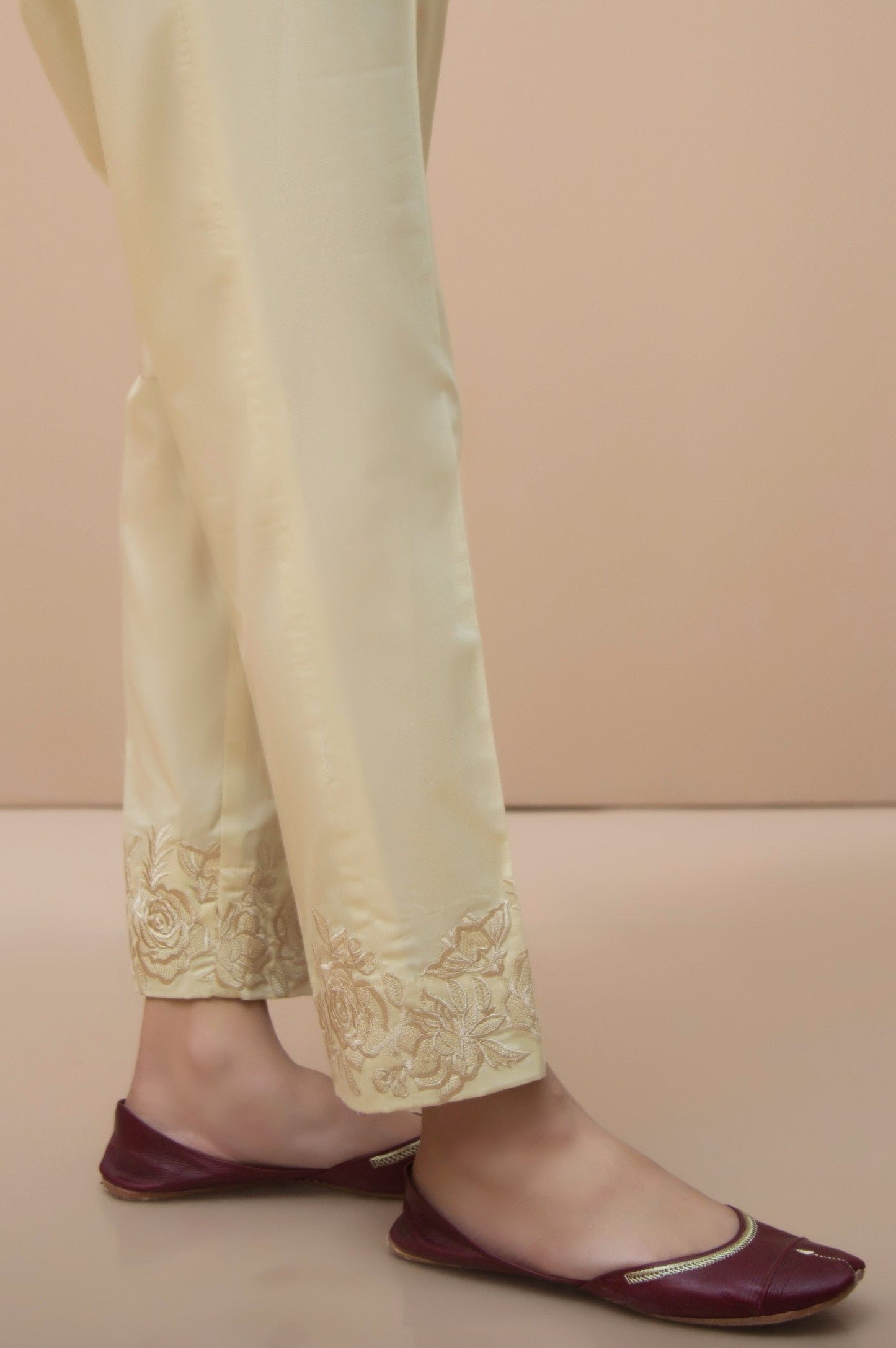 Embroidered Cigarette Pants - Beige