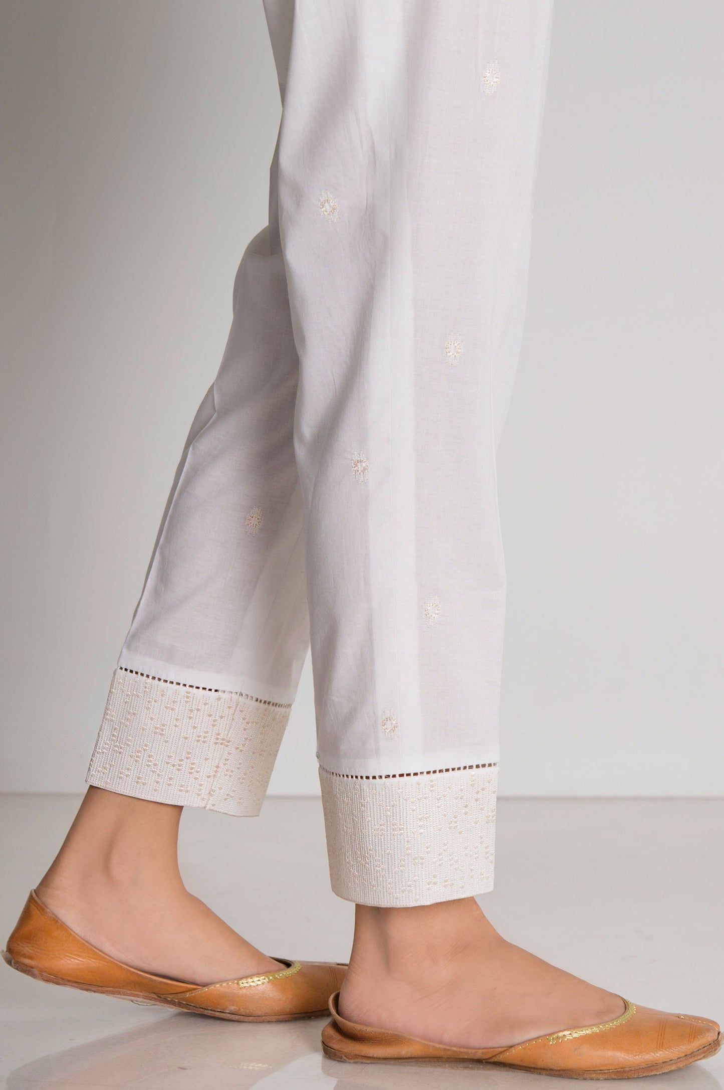 Embroidered Cambric Cigarette Pant - White