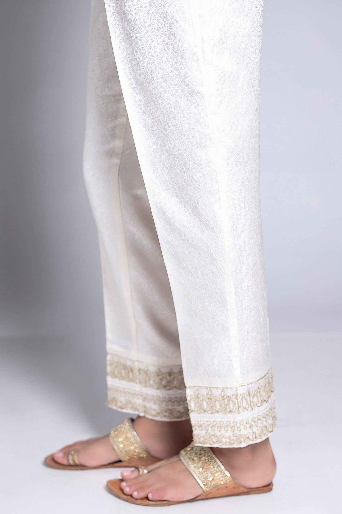 Embroidered Jamawar Pants - White