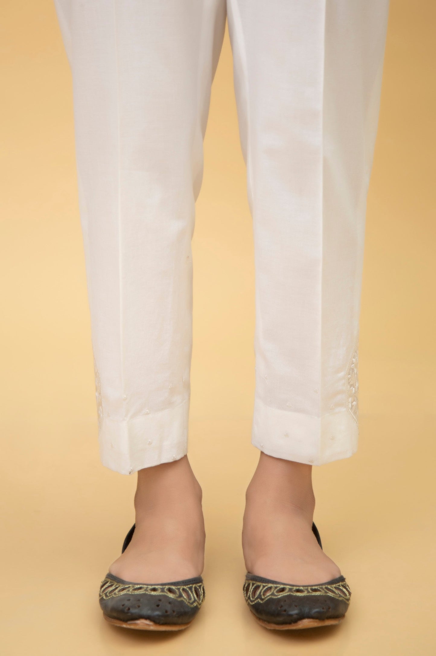 Emboirdered Cambric Cigarette Pant - White