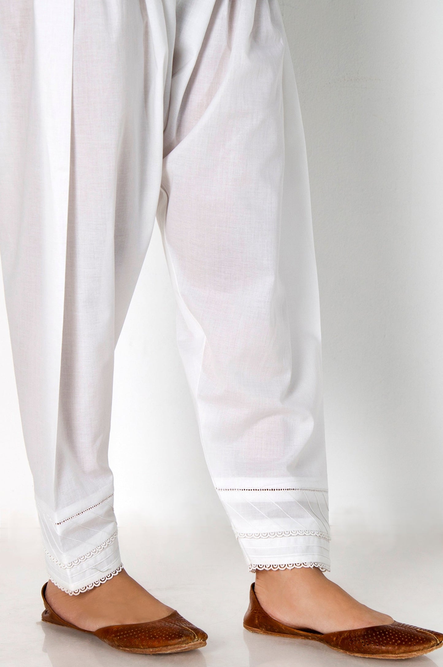 Embellished Cambric Narrow Shalwar - White