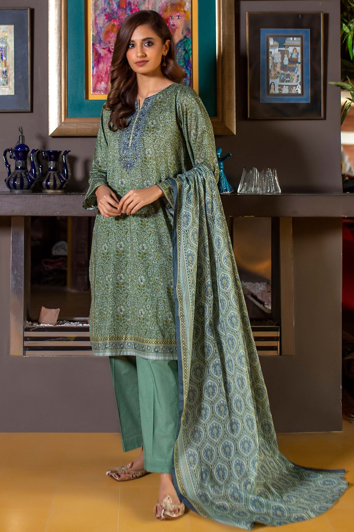 Unstitched 2 Piece Embroidered Lawn Suit with Printed Lawn Dupatta