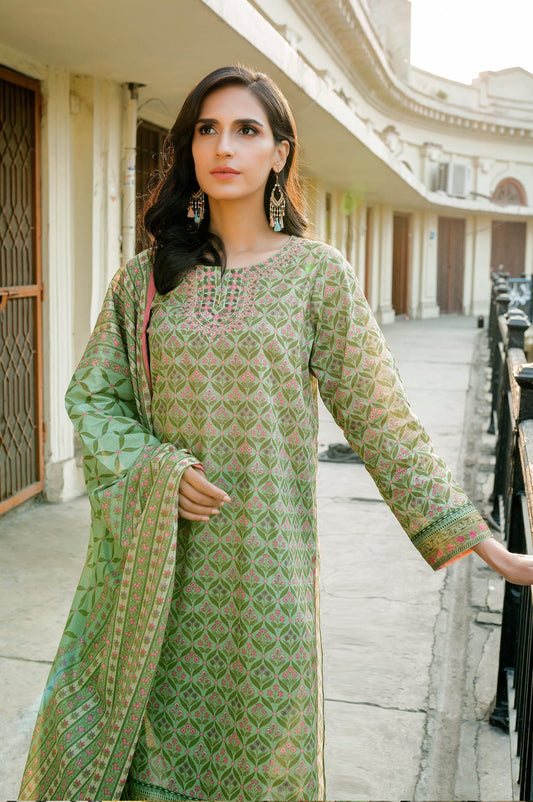 Unstitched 3 Piece Embroidered Lawn Suit with Printed Lawn dupatta
