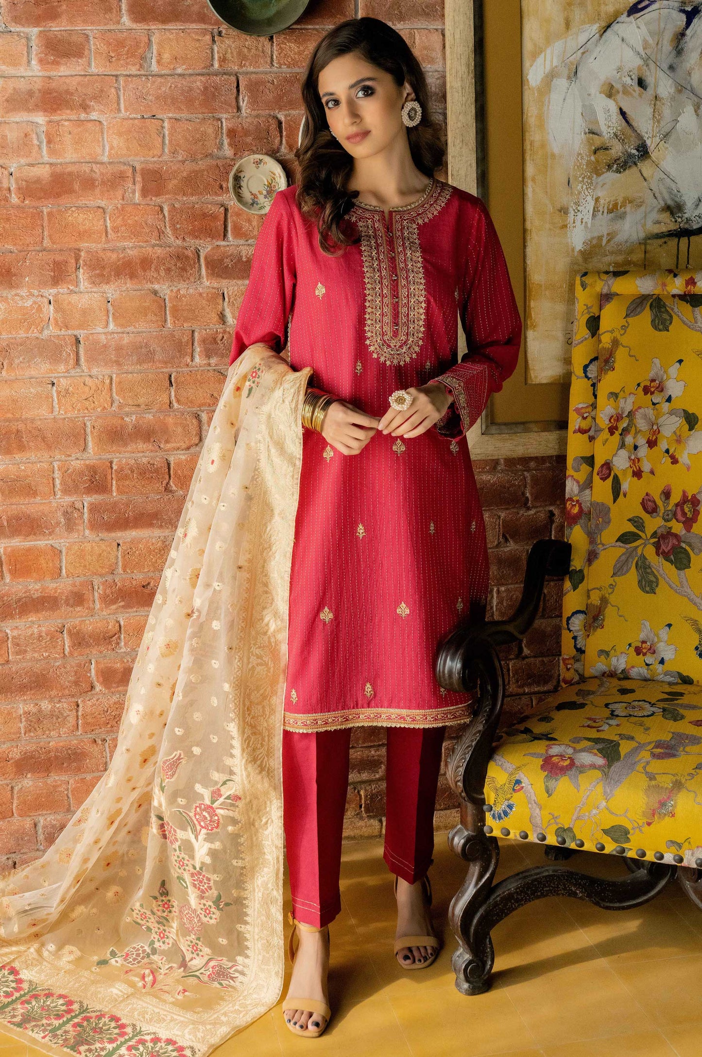 Unstitched 3 Piece Embroidered Maysuri Suit with Organza Jacquard Dupatta