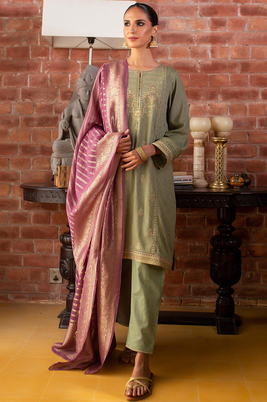 Unstitched 3 Piece Embroidered Self Jacquard Suit