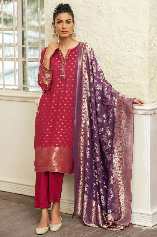 Unstitched 3 Piece Jacquard Suit with Jacquard Dupatta