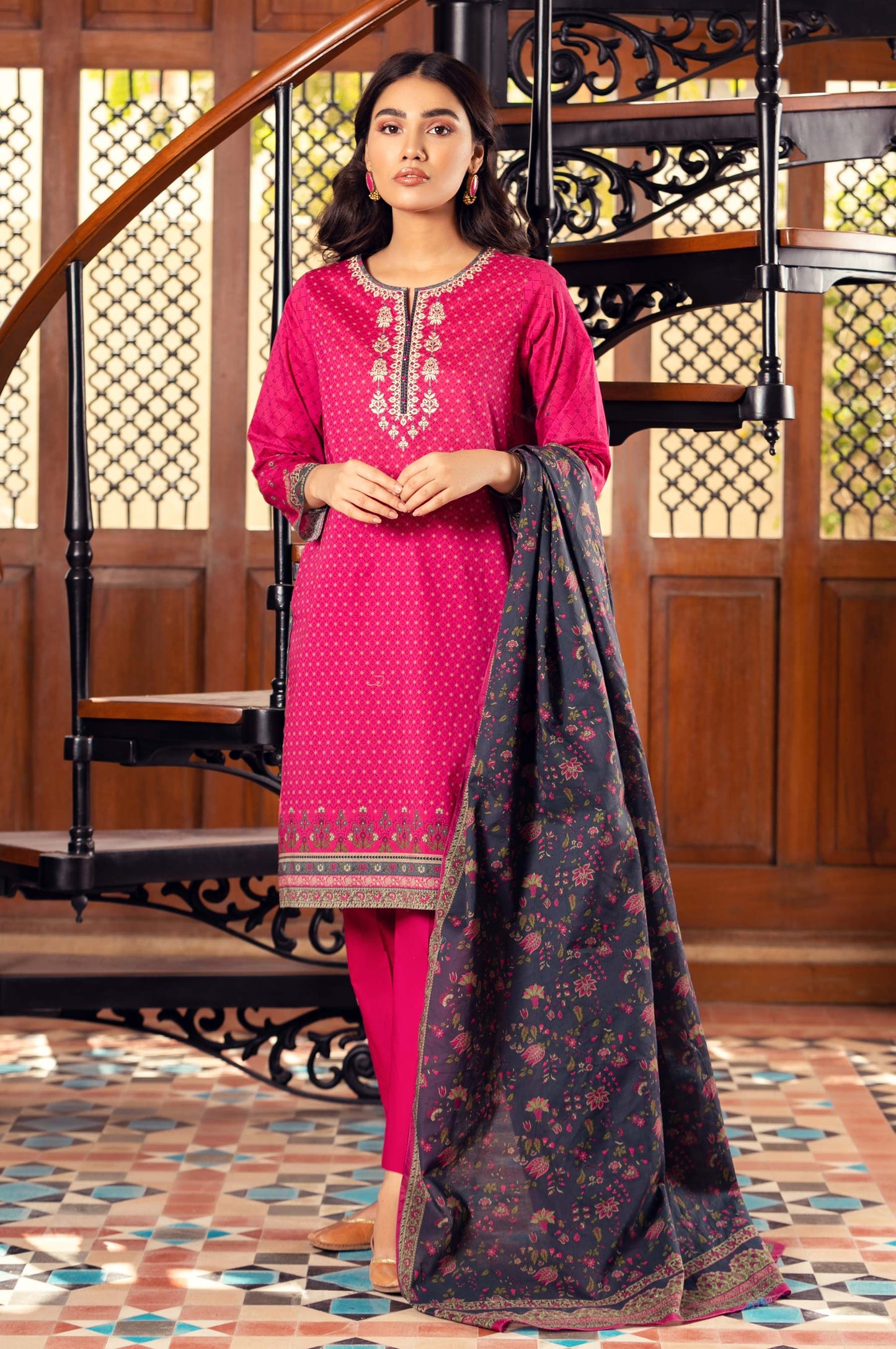 Unstitched 3 Piece Embroidered Lawn Suit with Cotton Net Dupatta