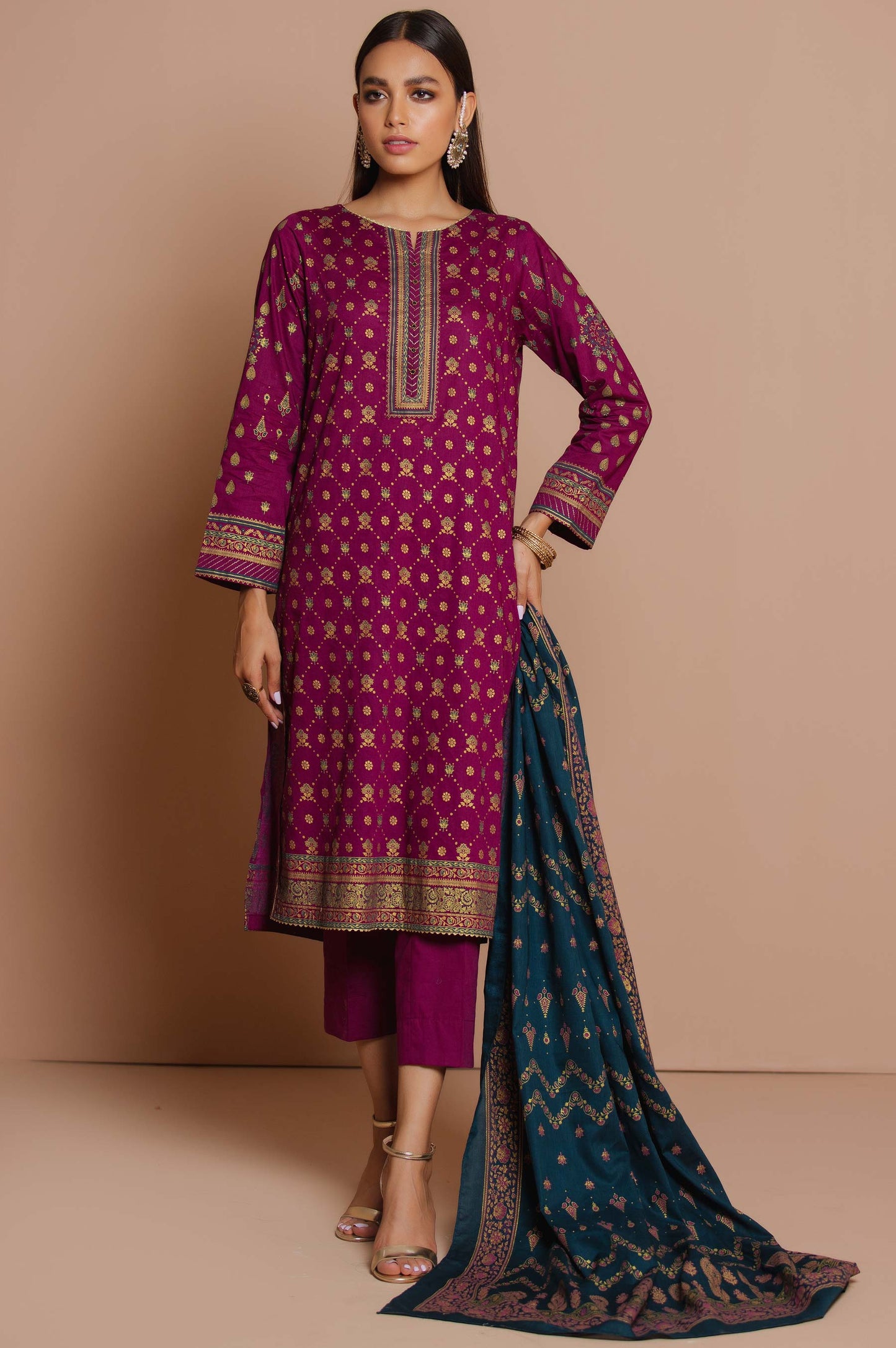 Unstitched 3 Piece Printed Gold & Colored Paste Lawn Suit