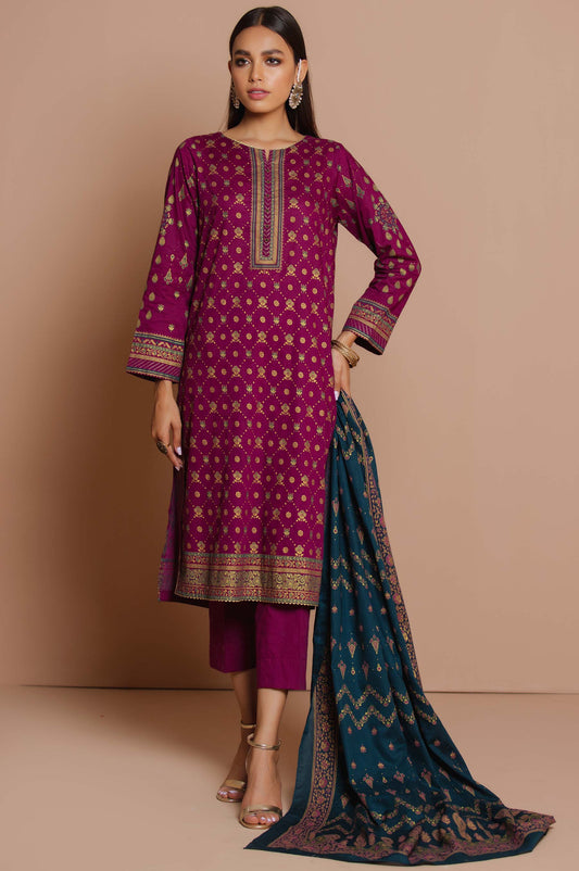 Unstitched 3 Piece Printed Gold & Colored Paste Lawn Suit