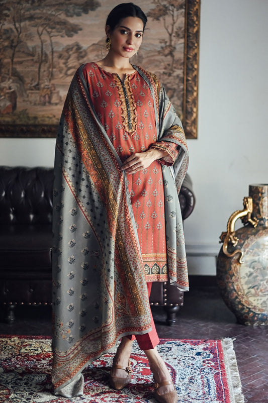 Unstitched 3 Piece Printed Karandi Suit