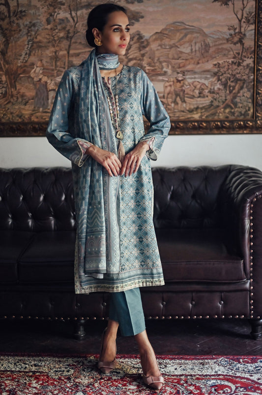 Unstitched 3 Piece Printed Karandi Suit