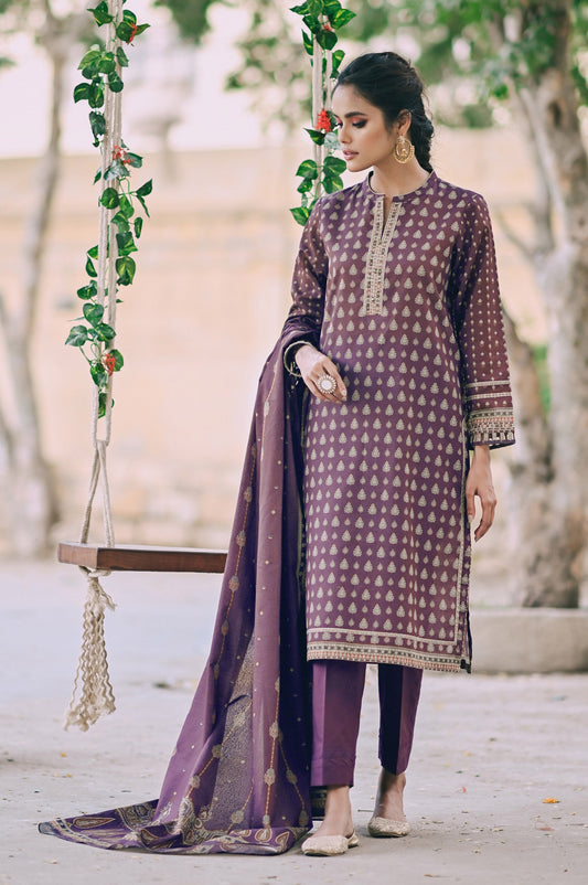 Unstitched 3 Piece Printed Karandi Suit