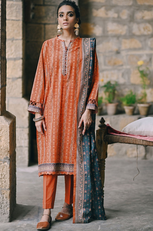 Unstitched 3 Piece Printed Karandi Suit