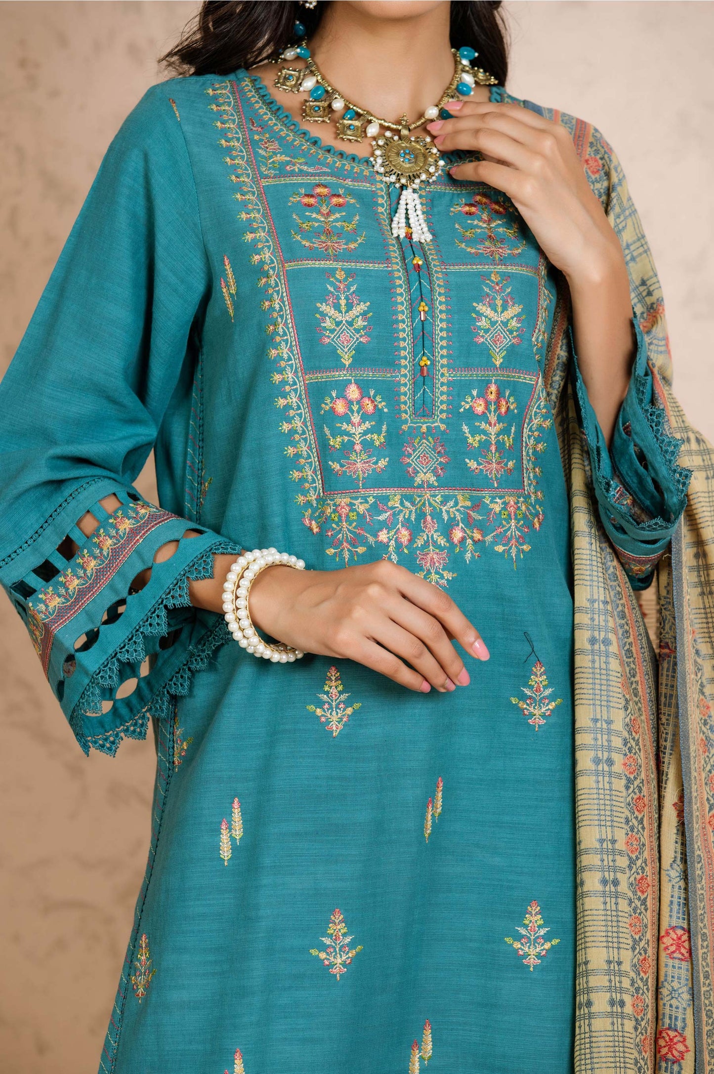 Stitched 3 Piece Embroidered Khaddar with Jacquard Suit