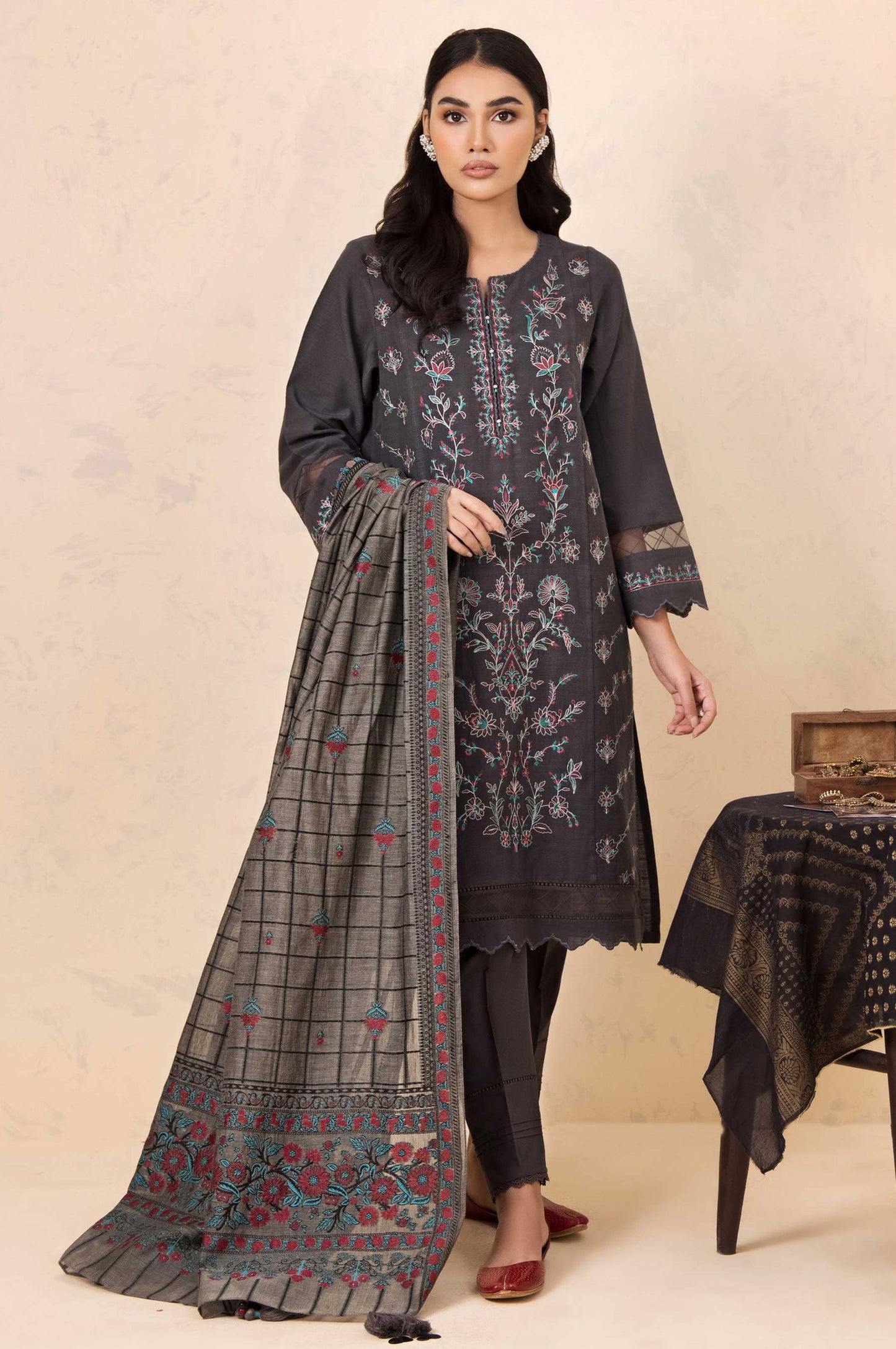 Unstitched 3 Piece Embroidered Khaddar with Cotton Jacquard Suit