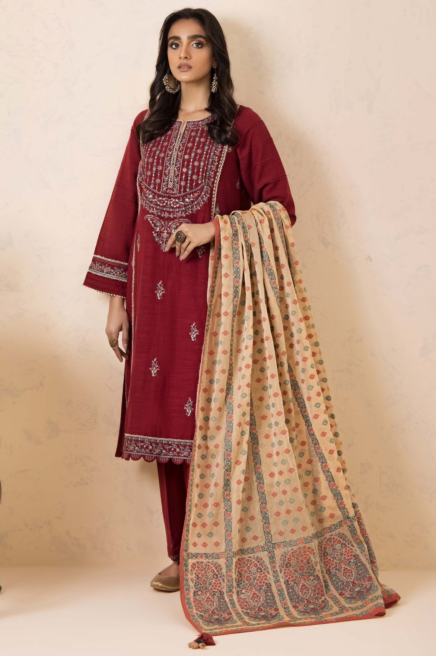 Unstitched 3 Piece Embroidered Khaddar with Cotton Jacquard Suit