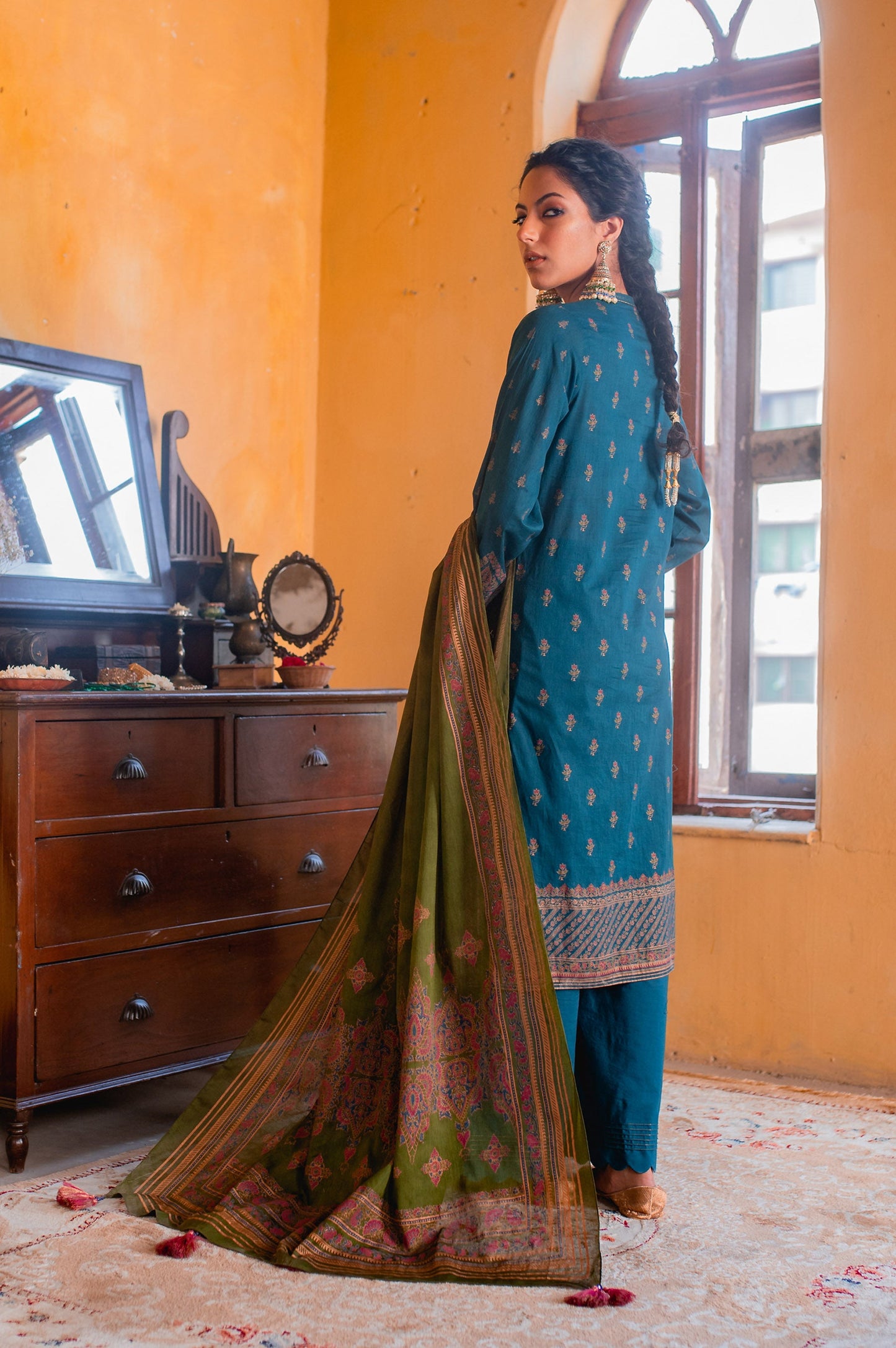 Stitched 3 Piece Gold & Colored Paste Lawn Suit