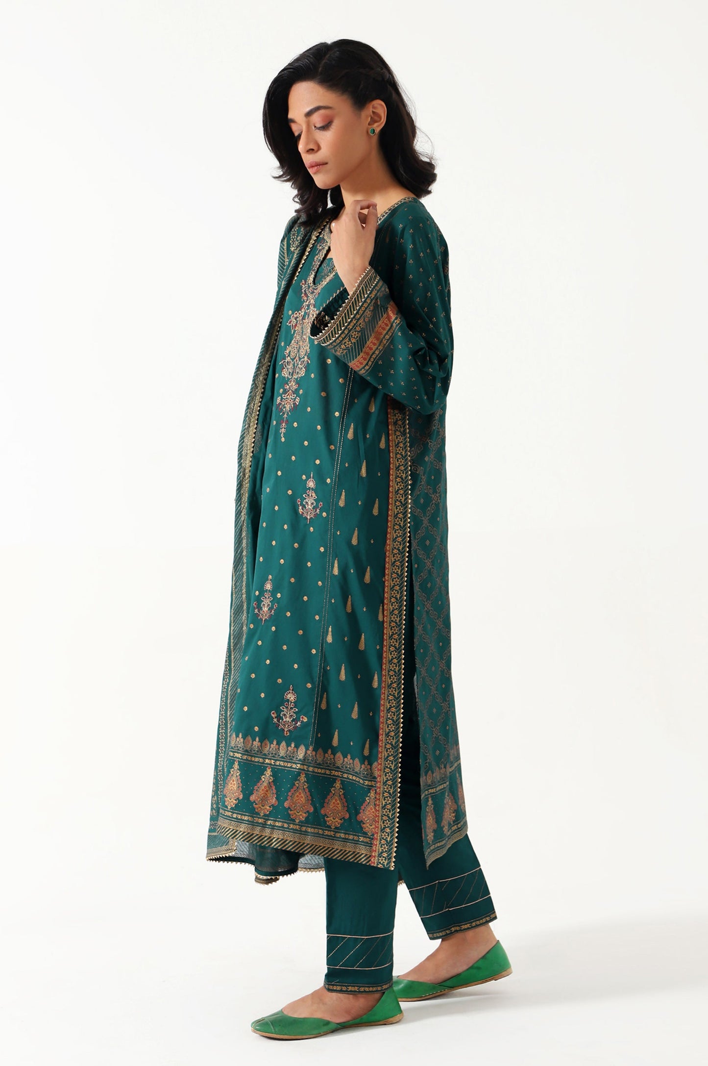 Stitched 3 Piece Gold & Colored Paste Lawn Suit