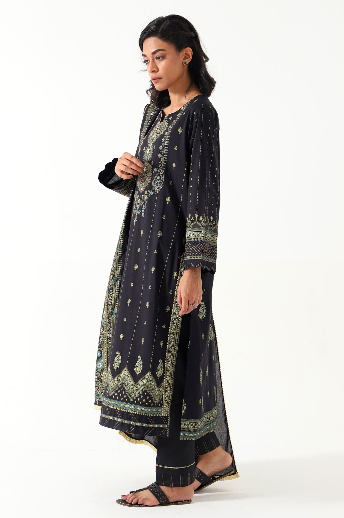 Stitched 3 Piece Gold & Colored Paste Lawn Suit