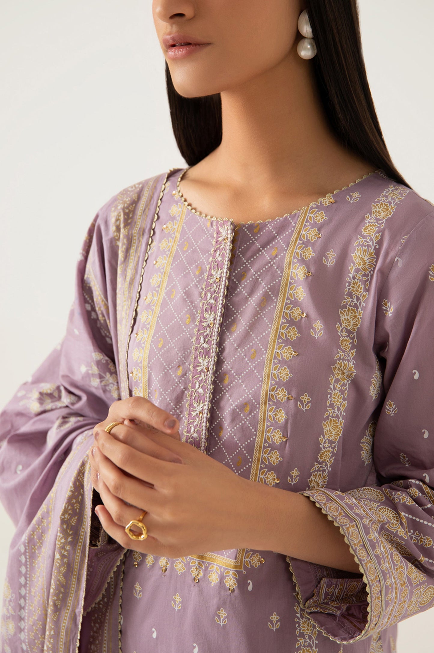 Stitched 3 Piece Gold & Colored Paste Lawn Suit