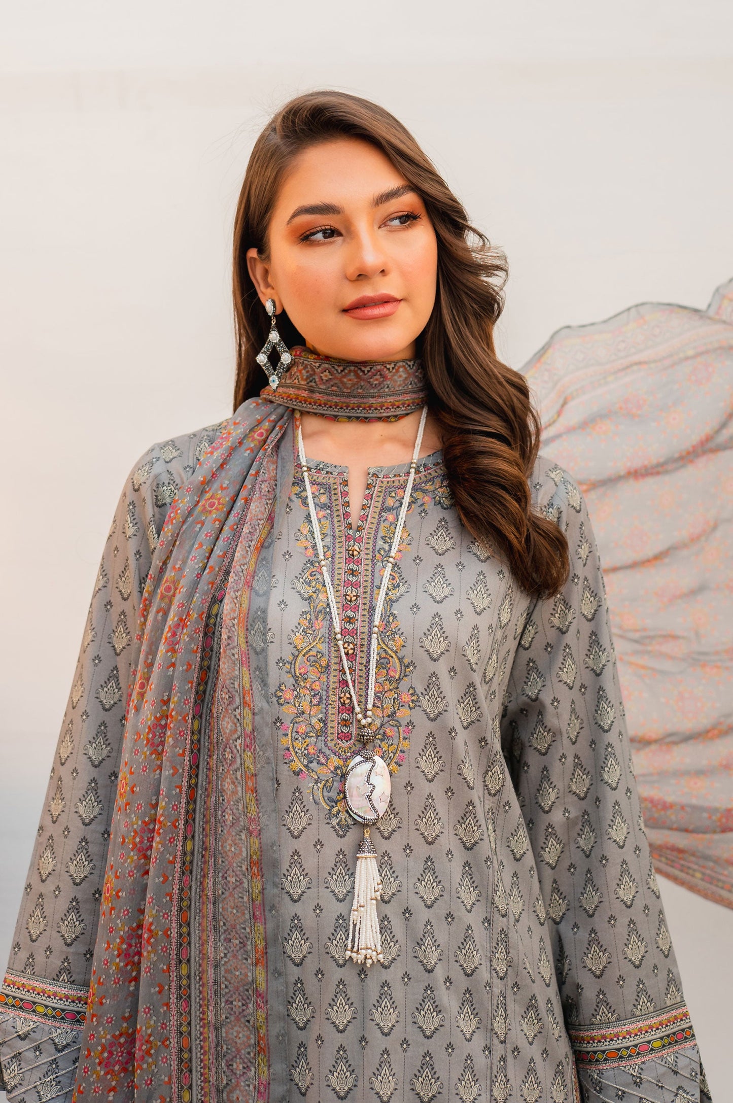 Stitched 3 Piece Embroidered Lawn with Chiffon Suit