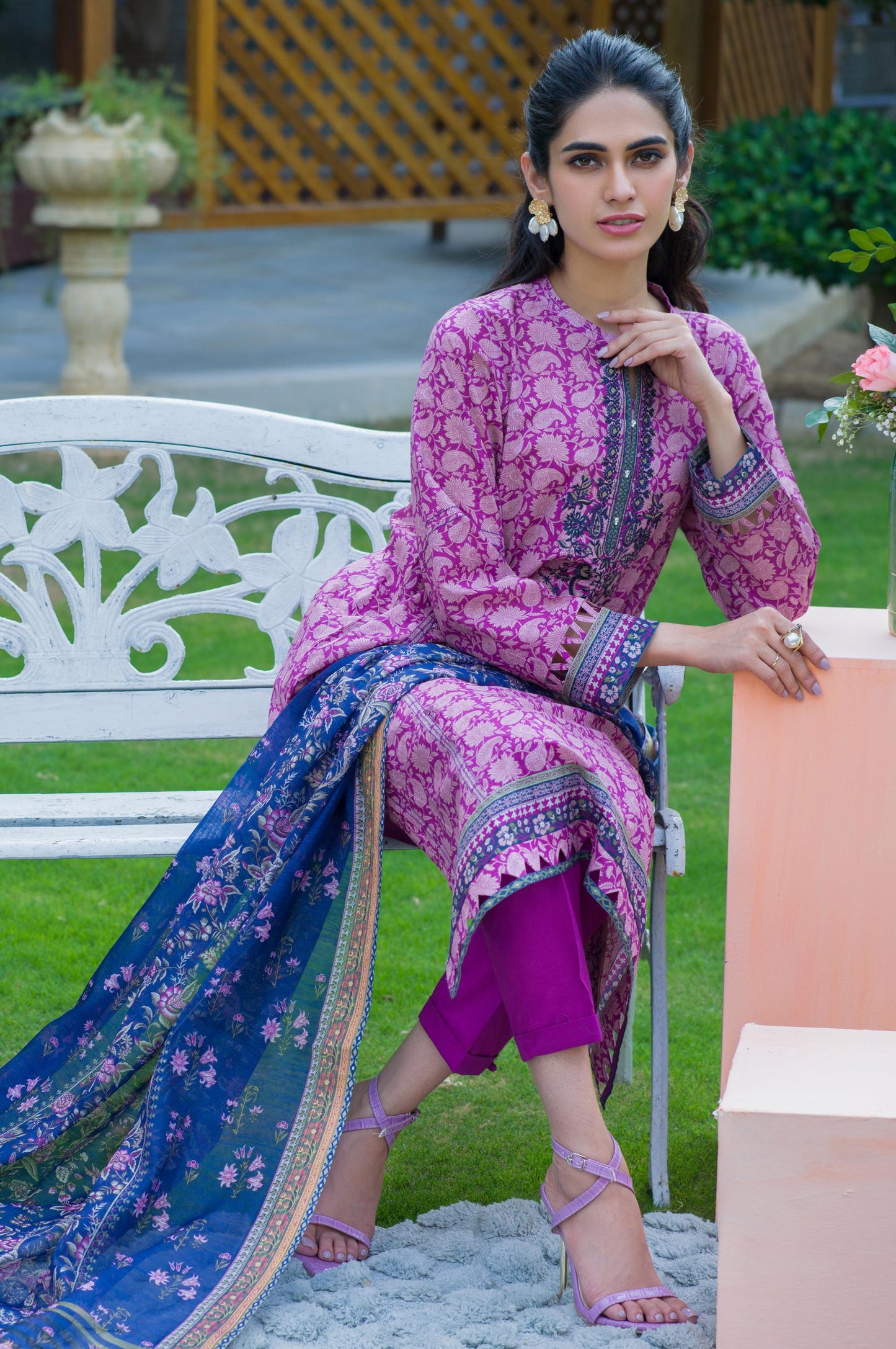 Stitched 3 Piece Embroidered Lawn with Slub Organza Suit