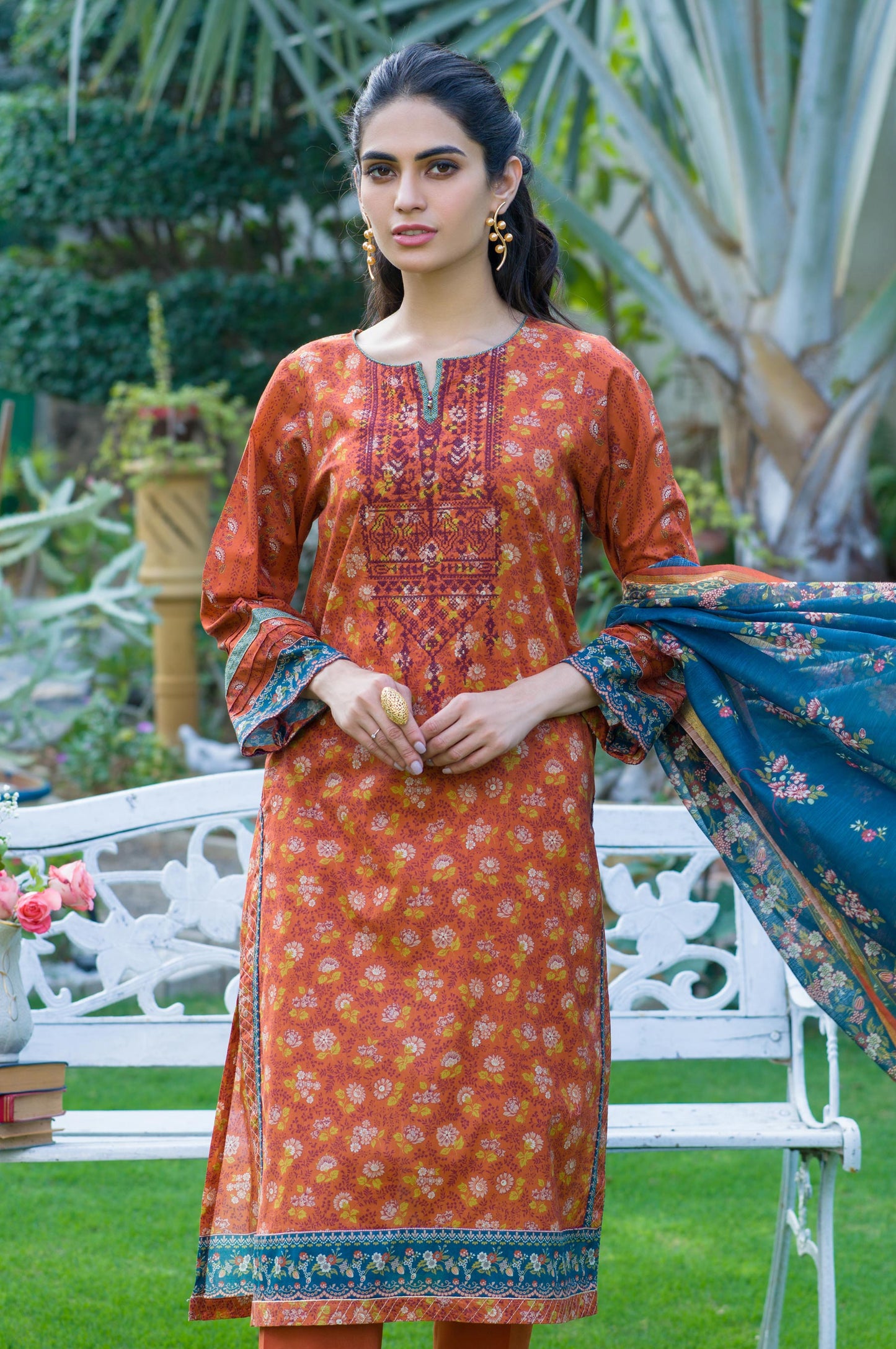 Stitched 3 Piece Embroidered Lawn with Slub Organza Suit