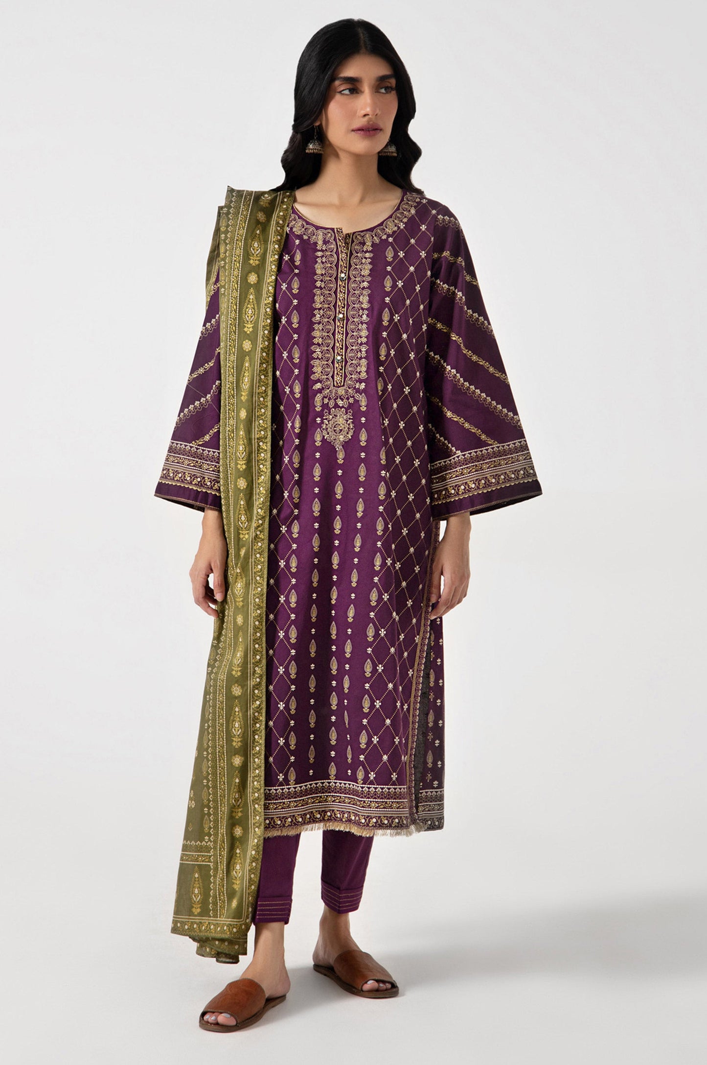 Unstitched 3 Piece Gold & Colored Paste Lawn Suit