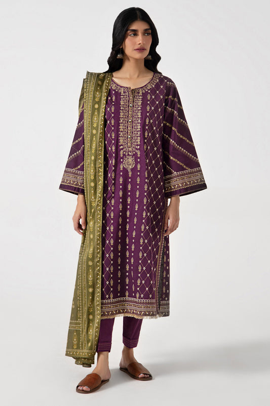 Unstitched 3 Piece Gold & Colored Paste Lawn Suit