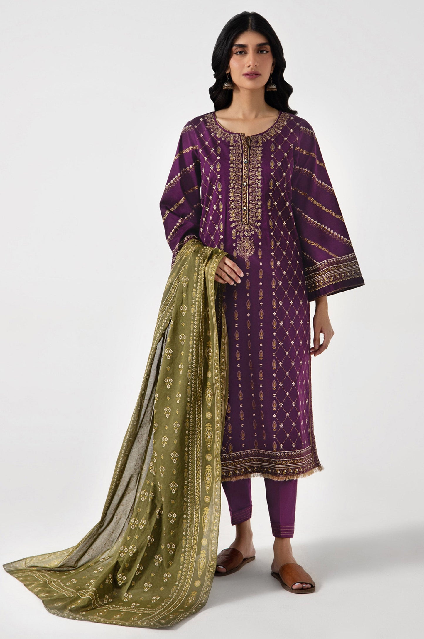 Stitched 3 Piece Gold & Colored Paste Lawn Suit